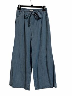 Wide Leg Tie-Waist Denim Pants - Blue